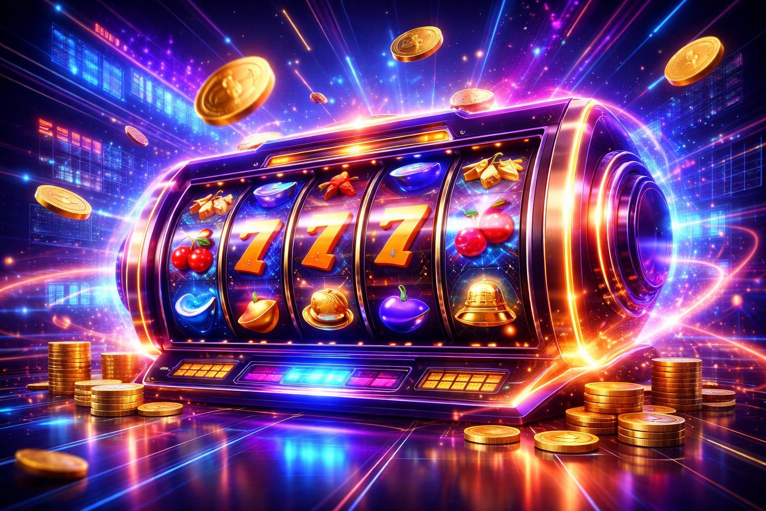 Tampilan mesin slot digital berwarna-warni dengan simbol berputar di lingkungan kasino futuristik yang penuh cahaya neon dan elemen digital.