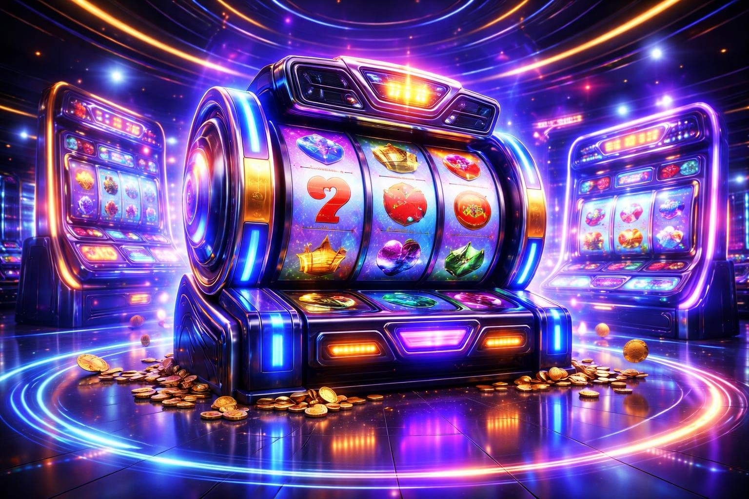 Suasana mesin slot futuristik dengan lampu neon berwarna biru, ungu, dan emas di dalam kasino modern yang ramai.