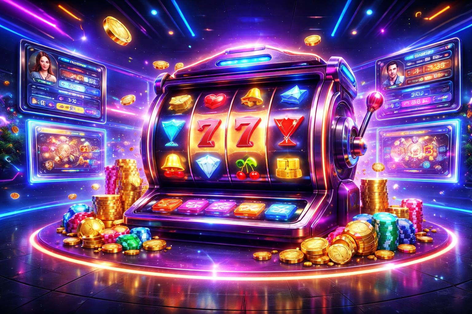 Tampilan 3D mesin slot digital dengan simbol warna-warni di dalam kasino futuristik yang ramai dan penuh cahaya neon.