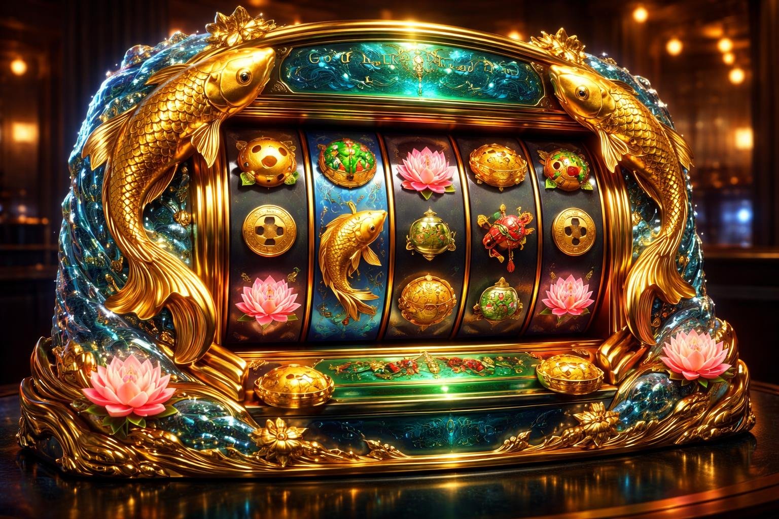 Mesin slot dengan motif ikan koi emas dan bunga teratai di latar kasino yang gelap dan mewah.