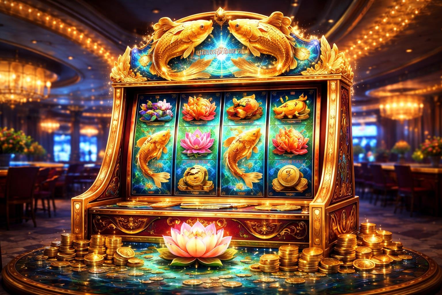 Mesin slot dengan ikan koi emas dan elemen air di dalam kasino mewah yang terang dan berwarna emas.