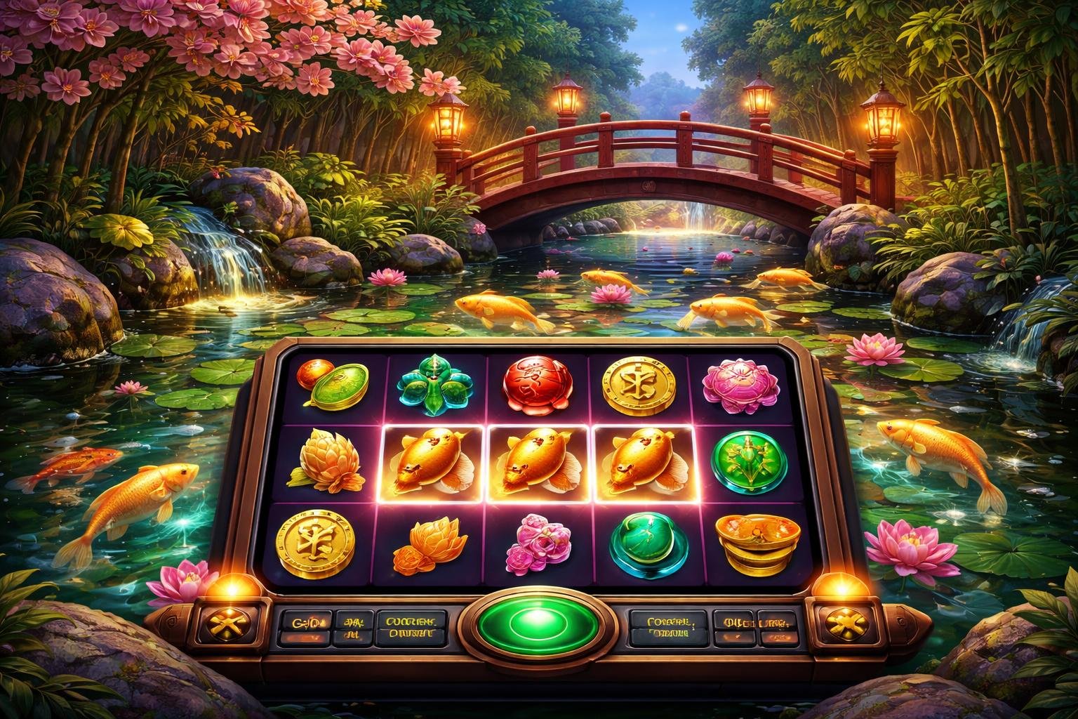 Pemandangan kolam dengan ikan koi emas berenang di bawah jembatan kayu, dikelilingi tanaman bambu dan pohon sakura, dengan mesin slot modern menampilkan simbol keberuntungan di depan kolam.