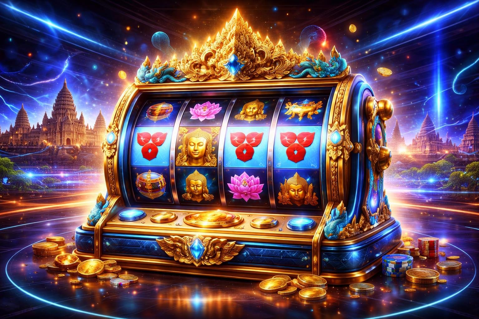 Sebuah mesin slot modern dengan motif khas Kamboja di dalam lingkungan kasino futuristik yang dipenuhi lampu neon dan efek digital.