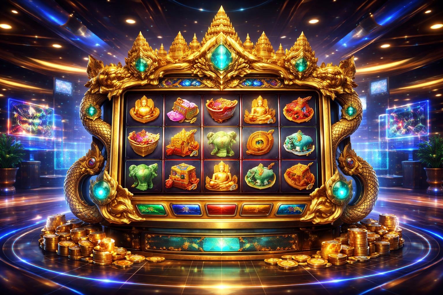 Mesin slot online dengan dekorasi bergaya Kamboja di dalam kasino digital yang futuristik dengan lampu neon berwarna biru, emas, dan merah.