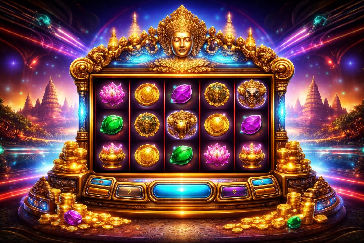 Tampilan mesin slot online dengan motif budaya Kamboja dan latar belakang yang menampilkan candi dan pola tradisional.