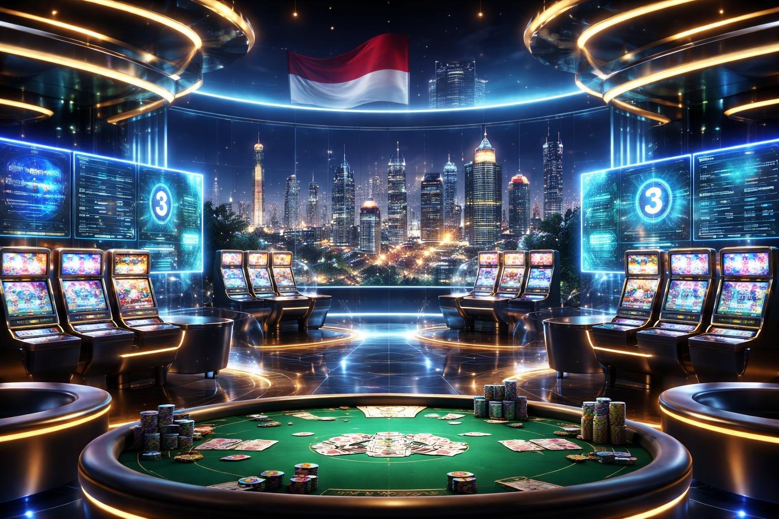 Pemandangan dalam kasino online modern dengan mesin slot digital, meja poker, dan latar kota Jakarta malam hari yang terang benderang.