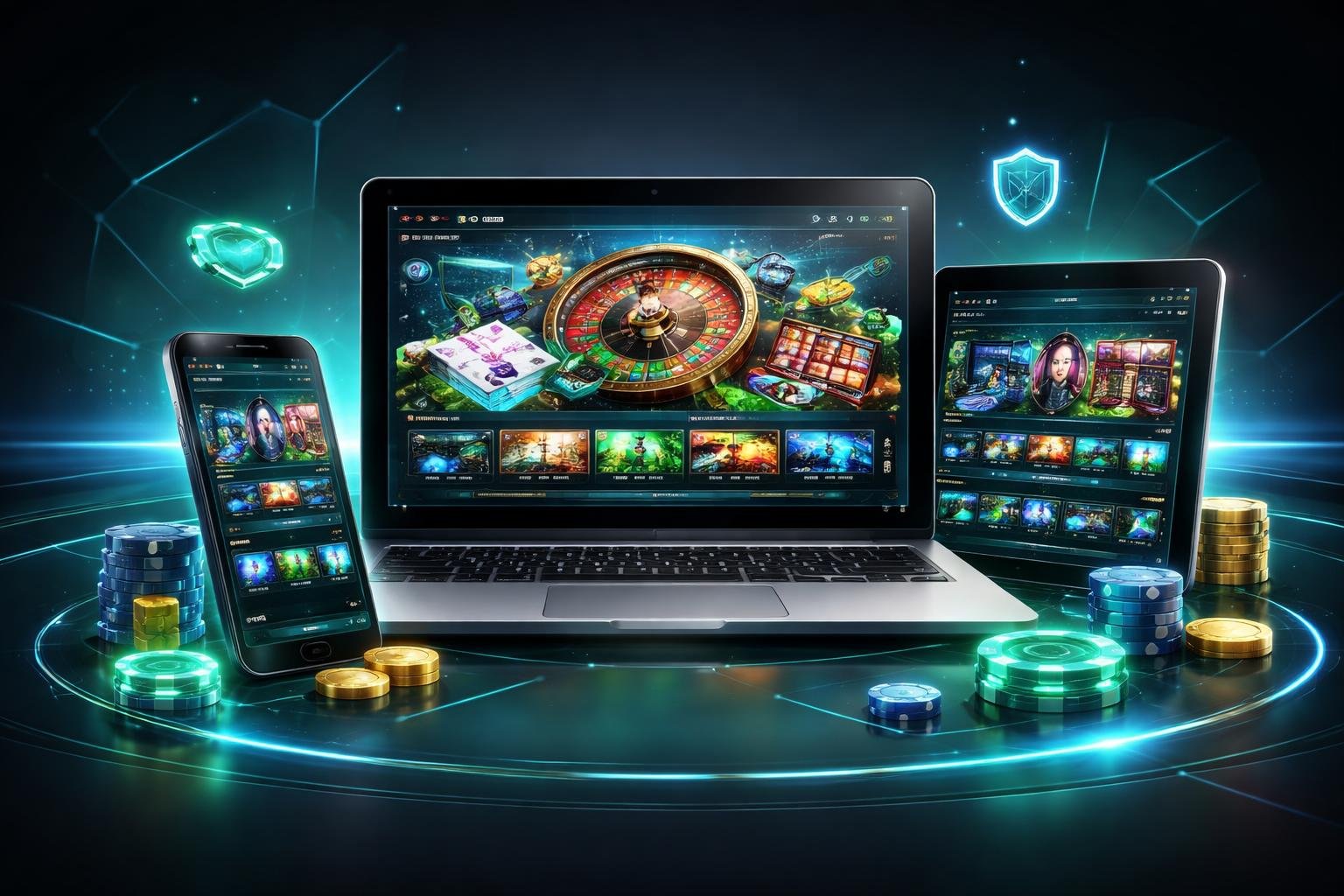 Tampilan perangkat digital seperti laptop, ponsel, dan tablet yang menampilkan platform judi online dengan elemen holografik dan latar belakang gelap yang modern dan profesional.
