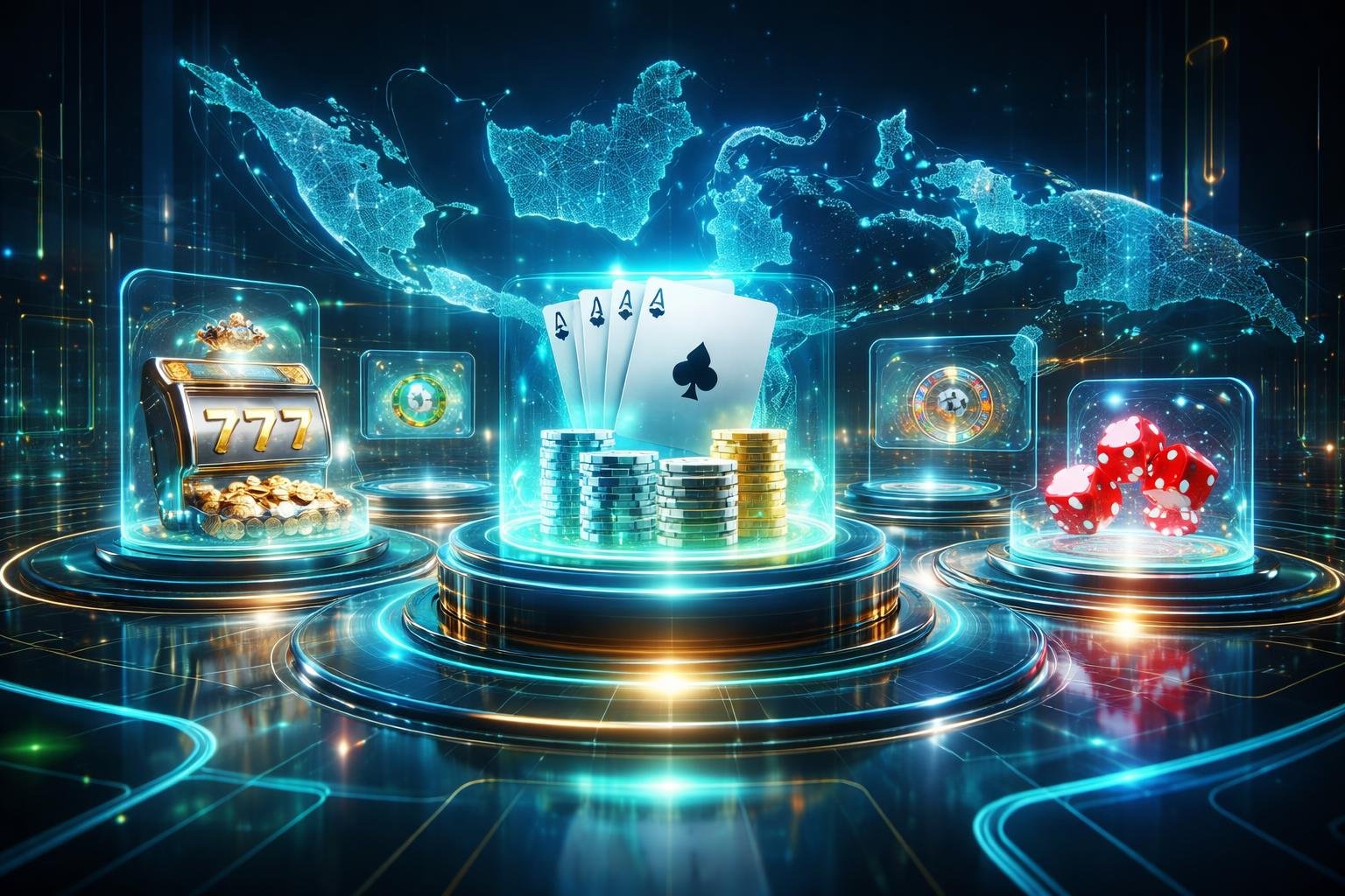 Pemandangan pasar digital futuristik dengan simbol-simbol judi online dan peta Indonesia yang bersinar.
