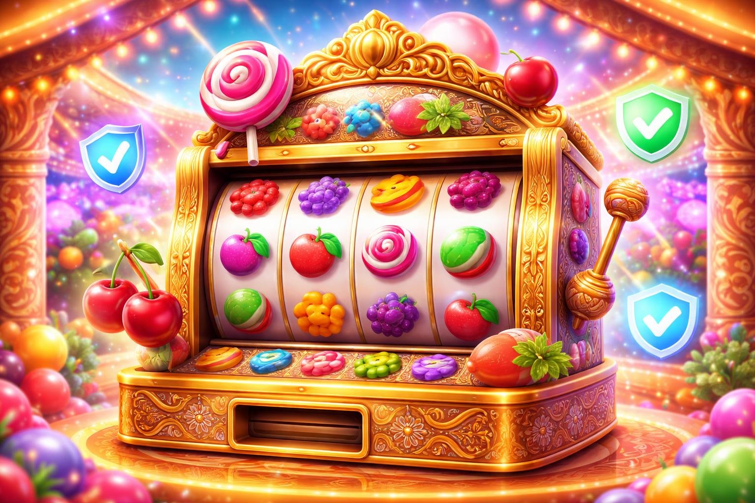 Mesin slot berwarna cerah dengan buah dan permen di latar kasino yang meriah, dihiasi dengan simbol keamanan dan motif budaya Indonesia.