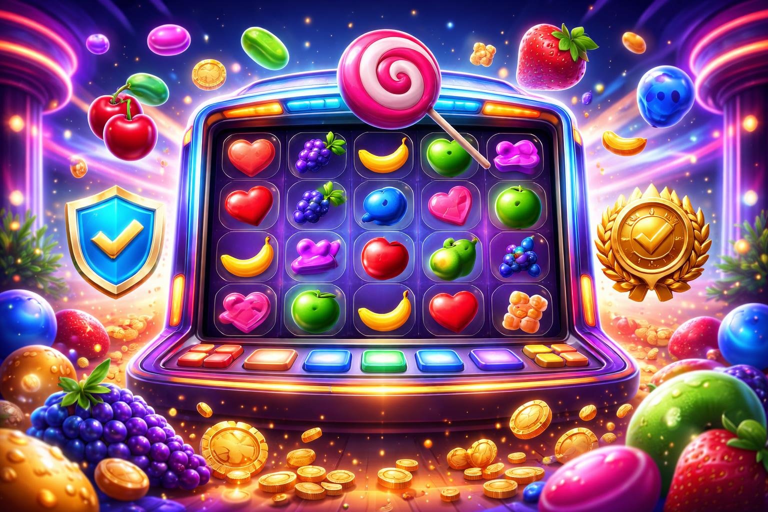 Tampilan mesin slot digital dengan simbol buah dan permen berwarna-warni di latar kasino yang terang dan futuristik.