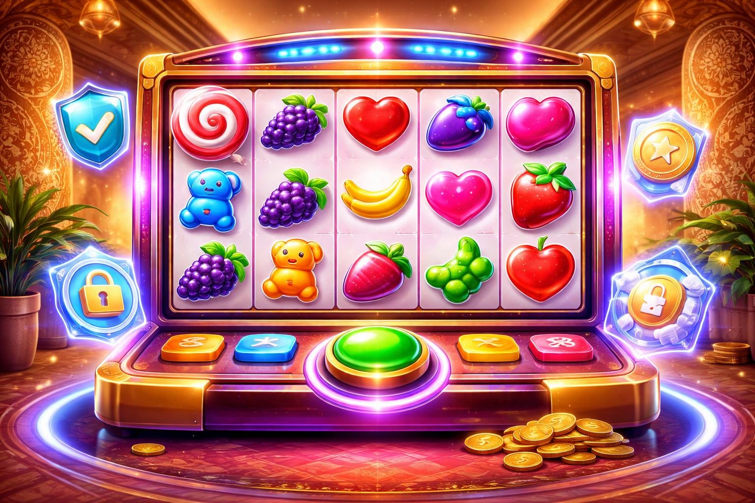 Tampilan mesin slot digital berwarna-warni dengan simbol permen dan buah, dikelilingi oleh elemen dekorasi yang terinspirasi budaya Indonesia.