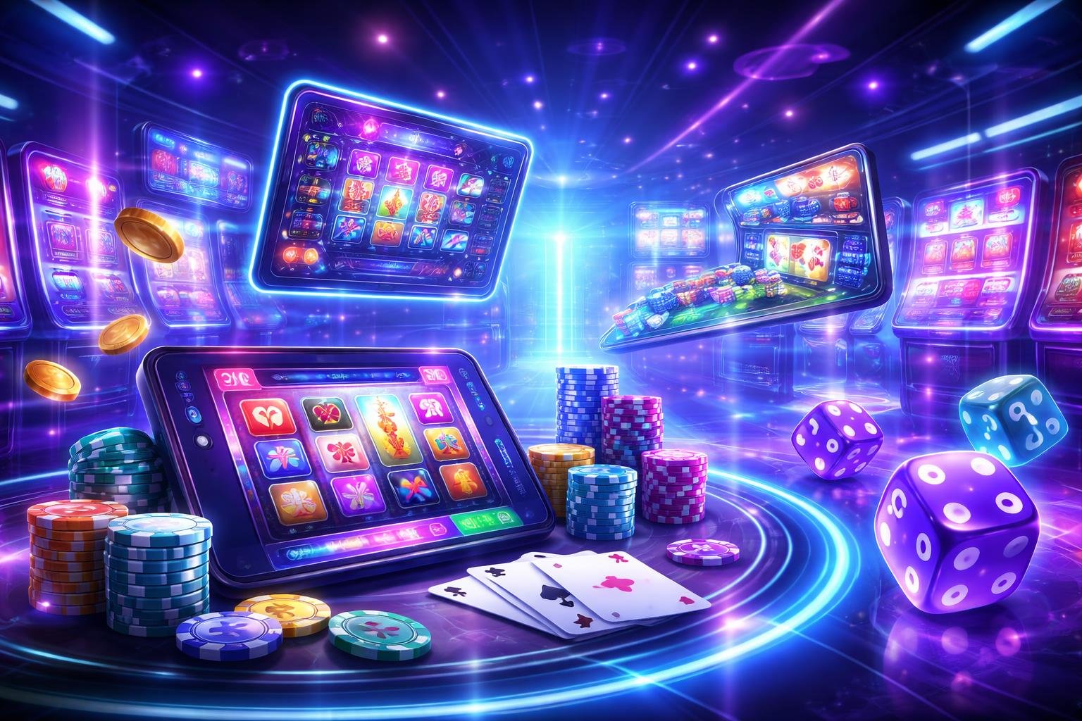 Suasana kasino virtual modern dengan mesin slot digital dan layar holografik yang menampilkan permainan elektronik.