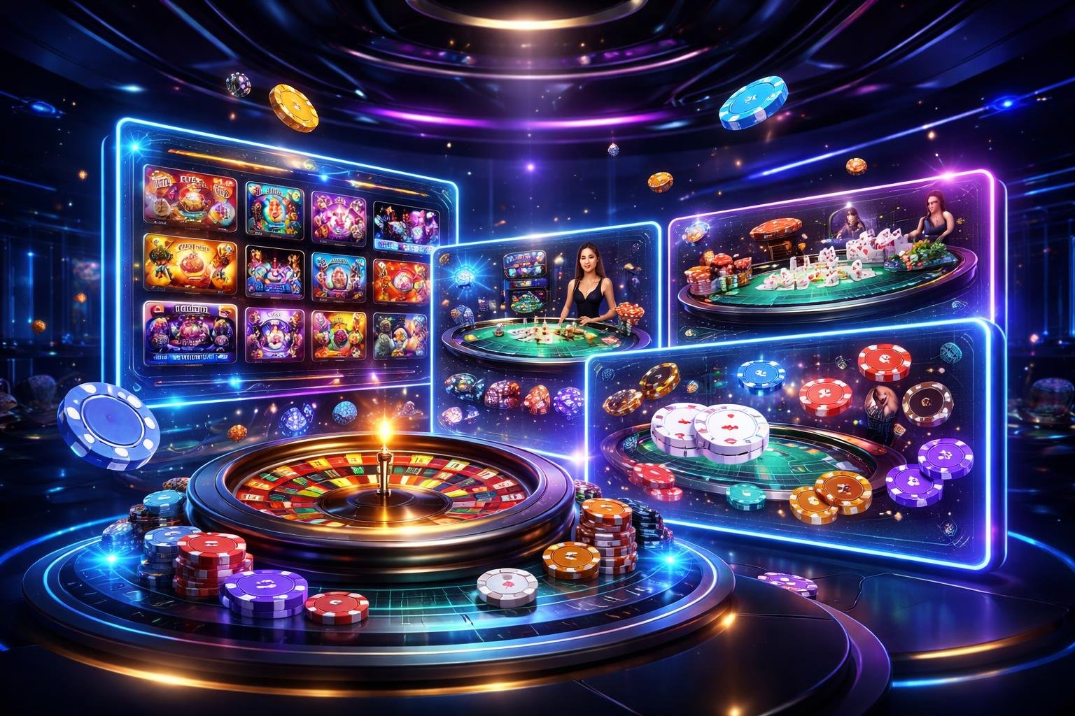Suasana kasino digital futuristik dengan layar holografik menampilkan berbagai permainan judi online seperti mesin slot dan kartu.