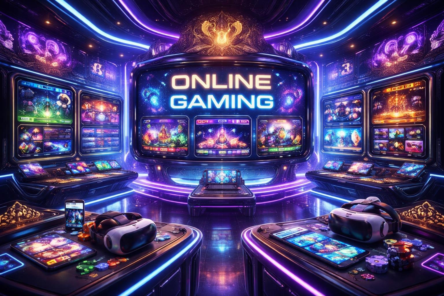 Sebuah arena digital futuristik dengan layar holografik menampilkan berbagai permainan judi online dan elemen permainan seperti dadu dan kartu yang mengambang di udara.