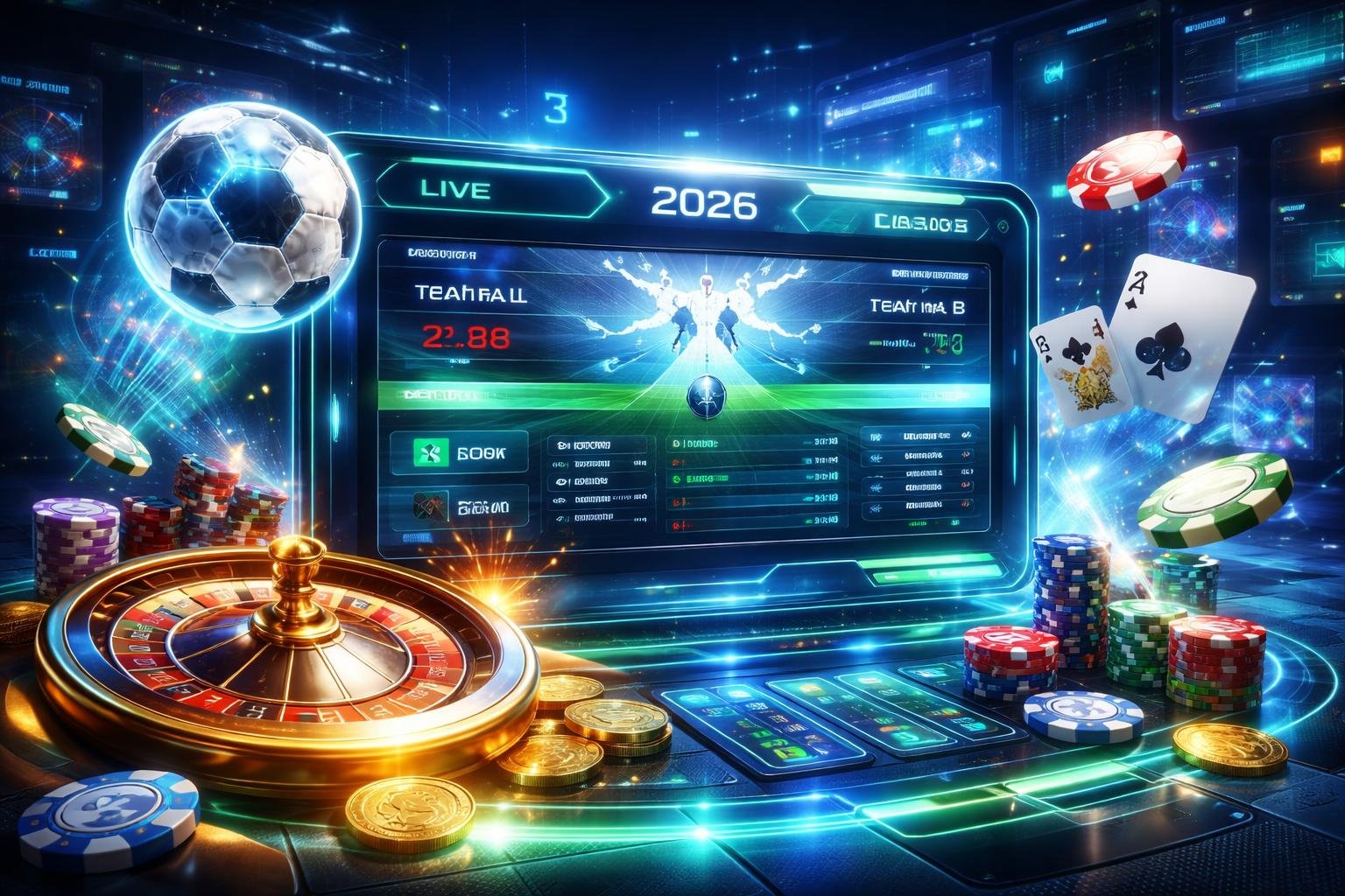 Tampilan antarmuka judi online modern dengan elemen sepak bola dan permainan kasino di latar belakang kota futuristik.