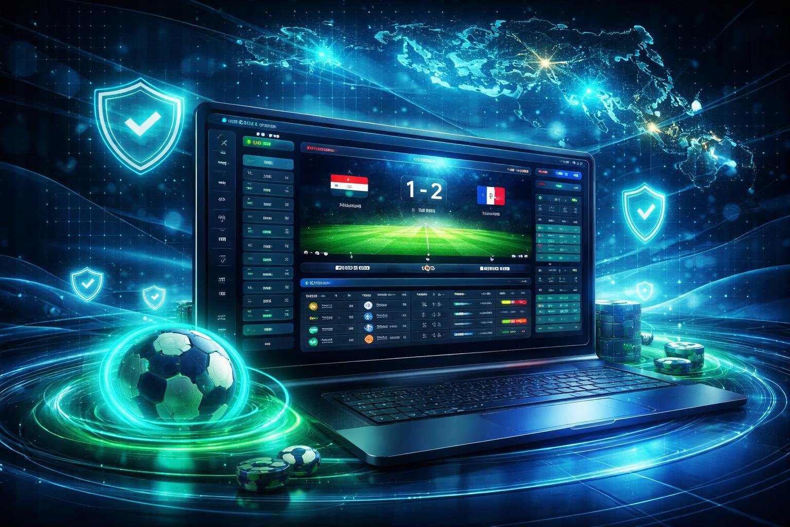 Antarmuka digital modern yang menampilkan platform taruhan bola dan kasino terpercaya di Indonesia dengan grafik pertandingan sepak bola dan peta Indonesia yang menyala.