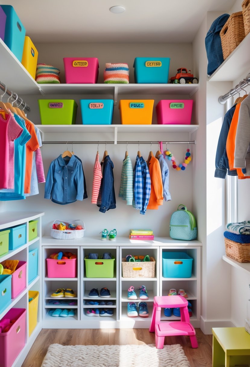 A well-organized kids' closet with colorful bins, shelves, hanging clothes, and various storage solutions for children's items.
