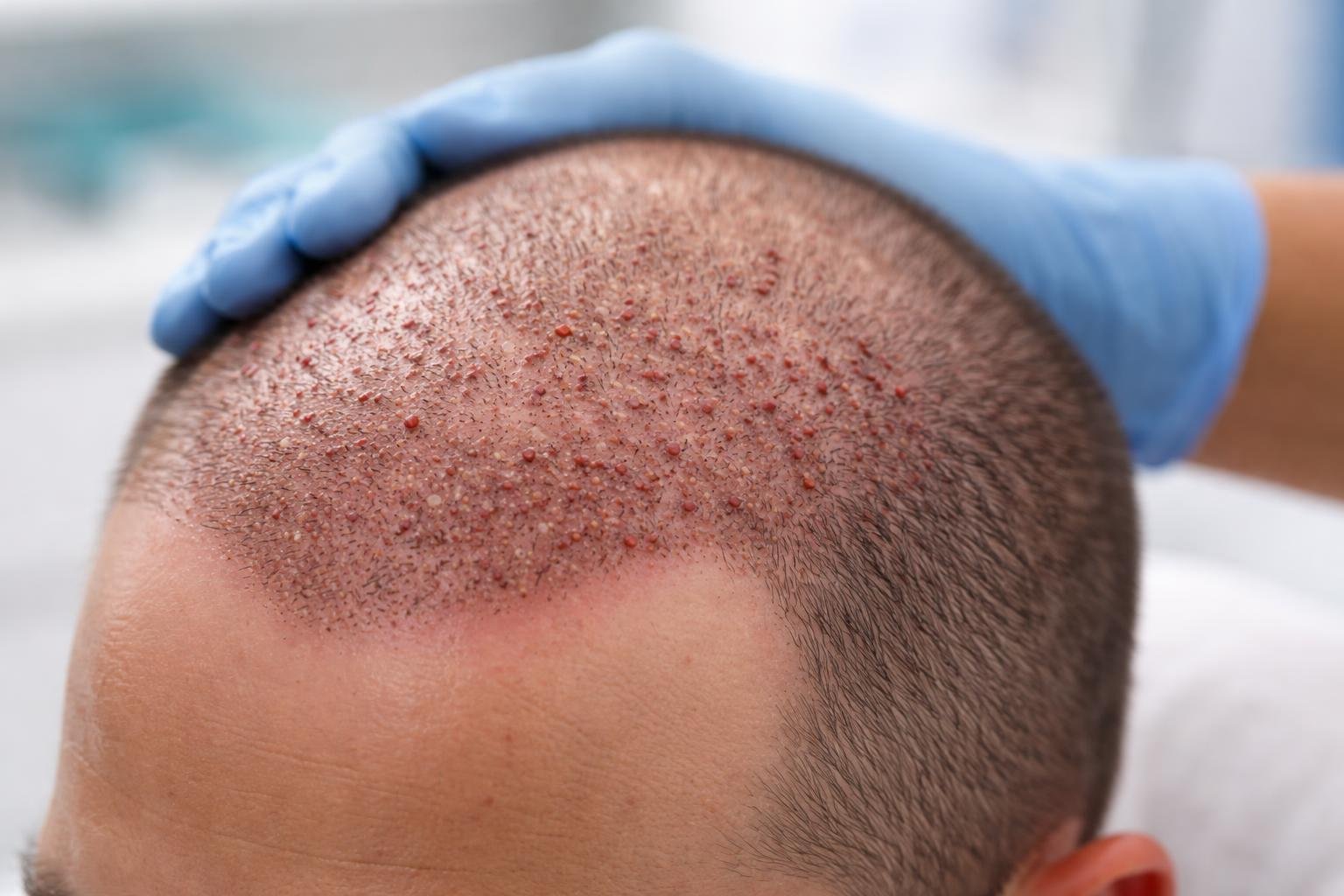 Saç ekimi sonrası kızarıklık, hafif şişlik ve kabuklanma görülen bir kişinin kafa derisinin yakın çekimi.