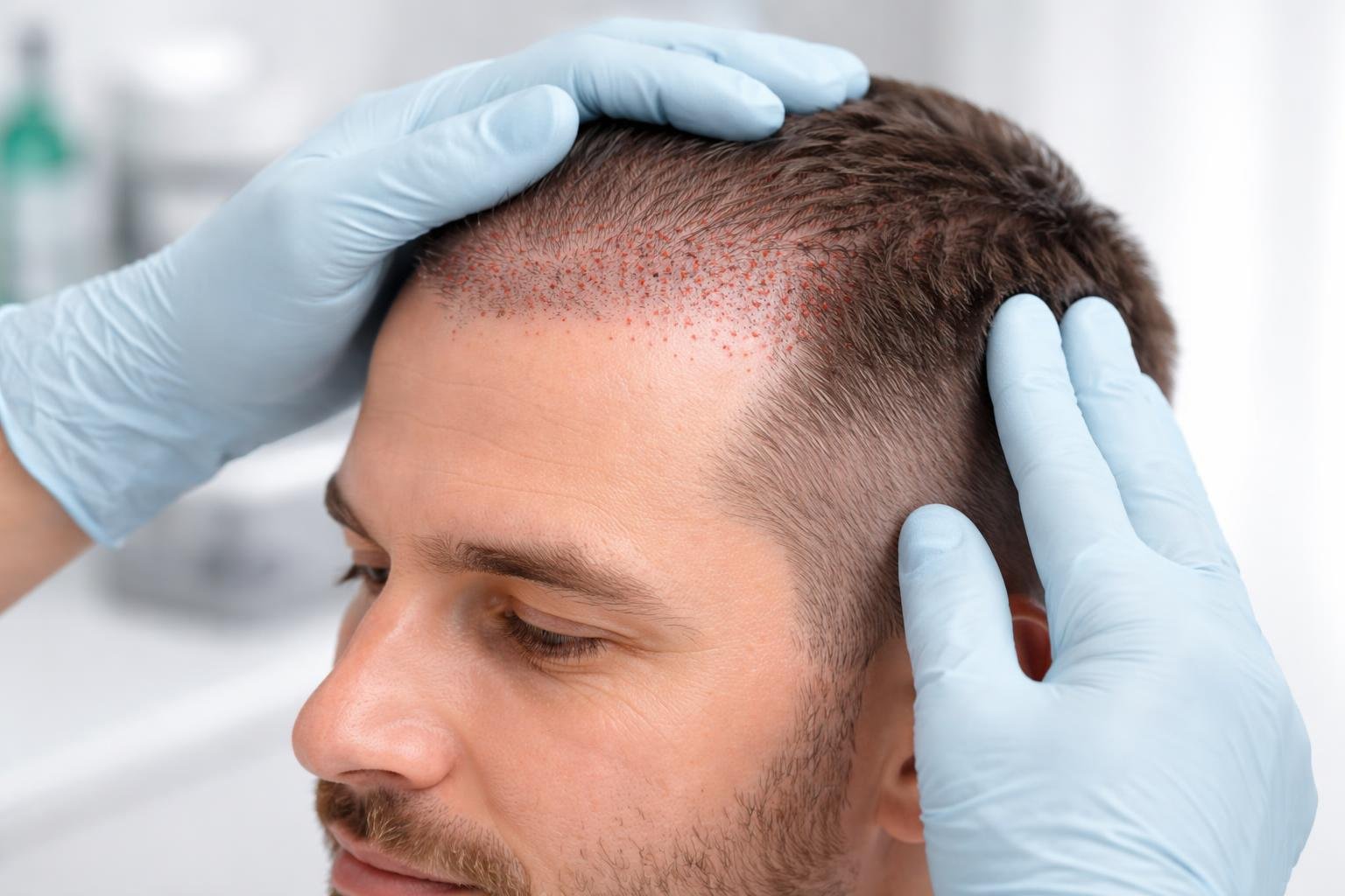Bir sağlık profesyonelinin, saç ekimi sonrası hafif kızarıklık ve şişlik olan bir erkeğin saç derisini nazikçe muayene ettiği klinik ortam.