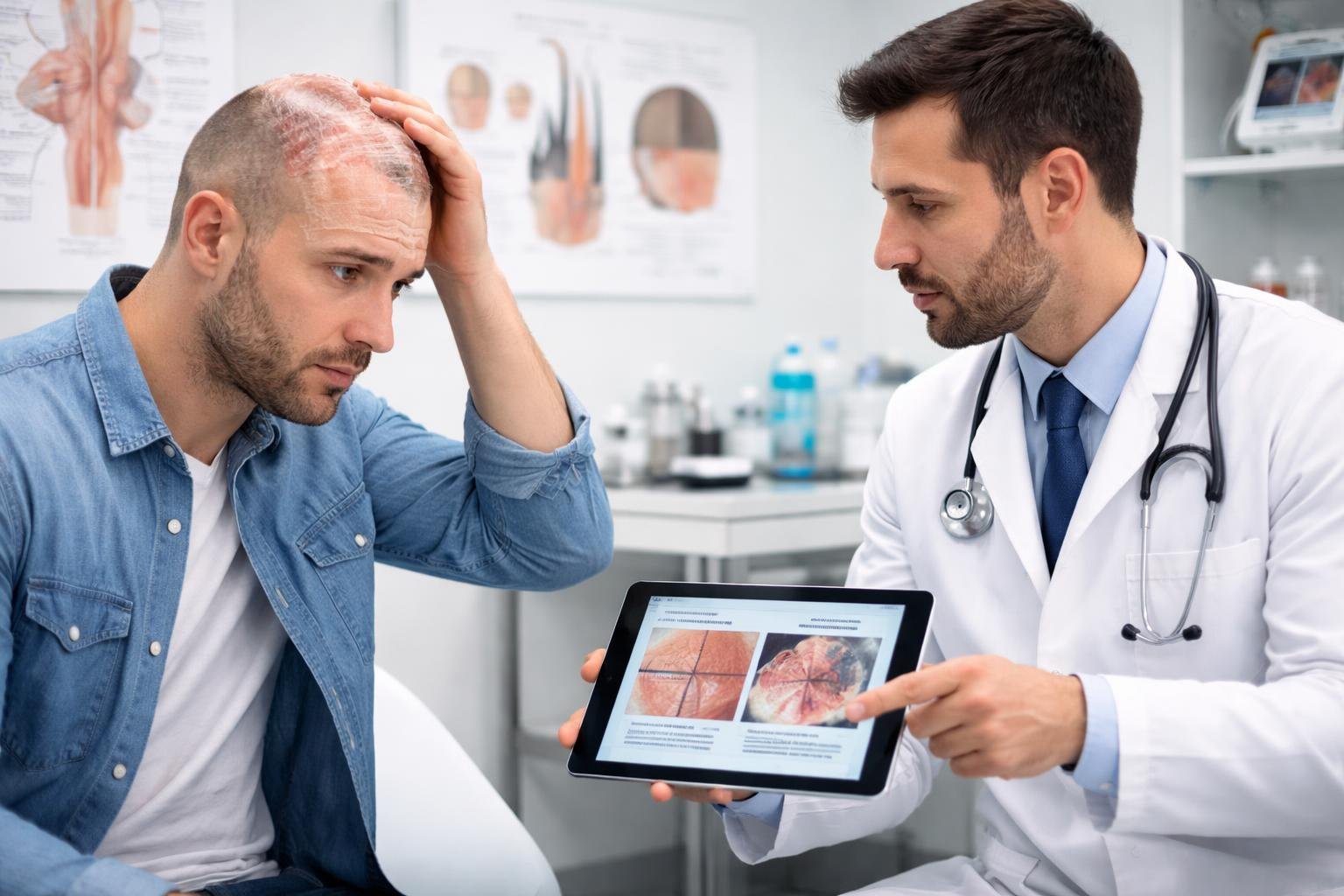 Bir klinikte doktor, saç ekimi komplikasyonlarını anlatırken endişeli bir hasta ile görüşüyor.