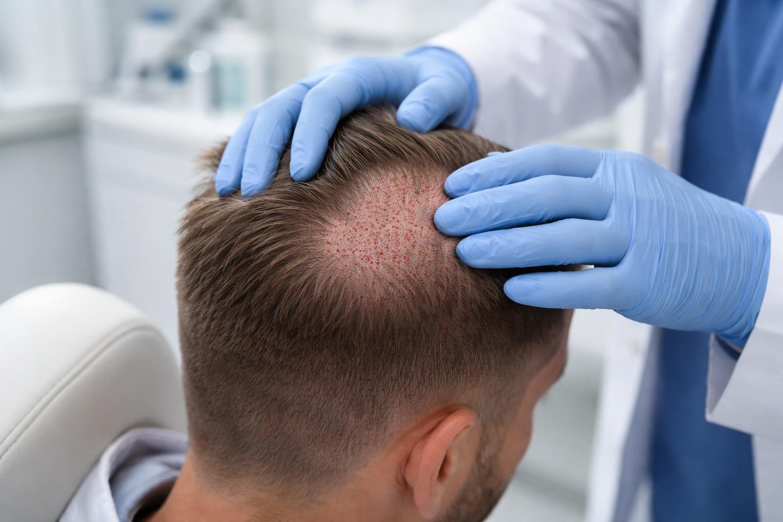 Bir doktor, saç ekimi komplikasyonlarını inceleyerek hastanın saçlı derisini kontrol ediyor.