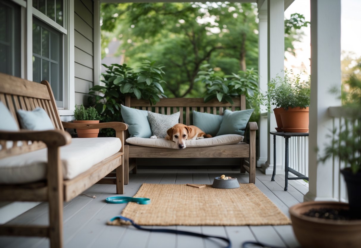 A dog lounges on a cushioned bench on a wooden patio surrounded by plants, dog toys, and a water bowl, with hands adjusting a cushion nearby.