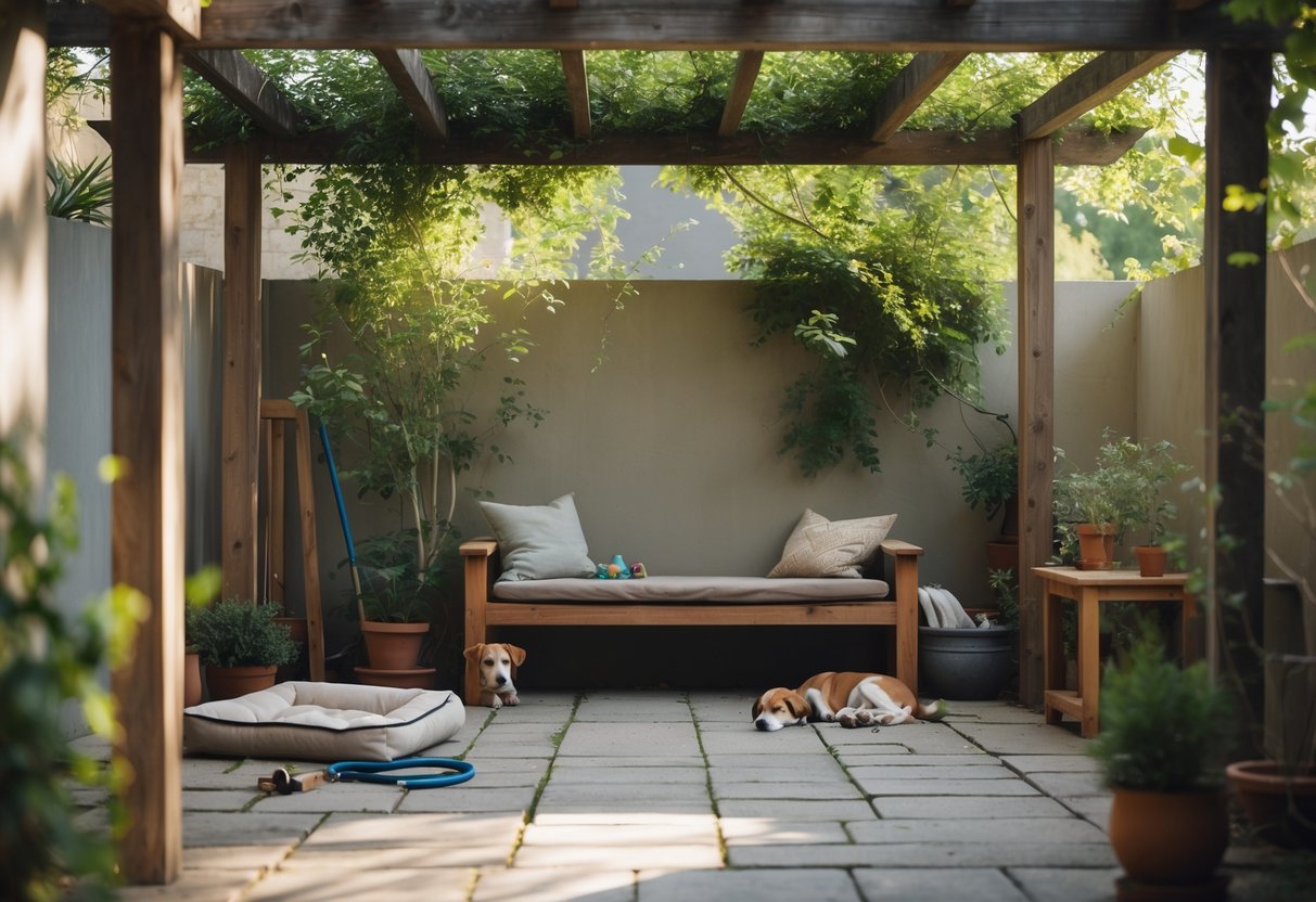 A rustic wooden pergola with climbing plants shading a dog-friendly patio area featuring a dog bed, leash, toys, and a small side table with hands adjusting a plant.