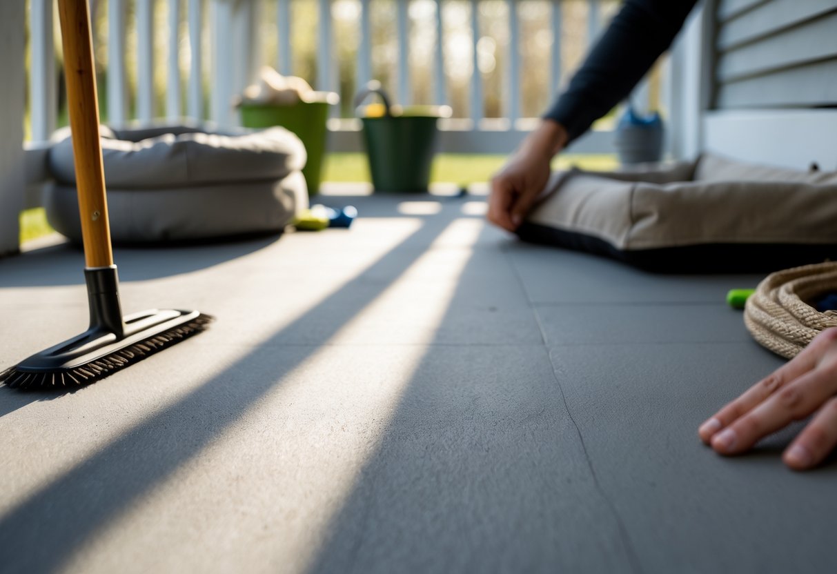 A dog-friendly patio with durable non-slip flooring, a dog bed, pet toys, and a person's hands arranging items in natural daylight.