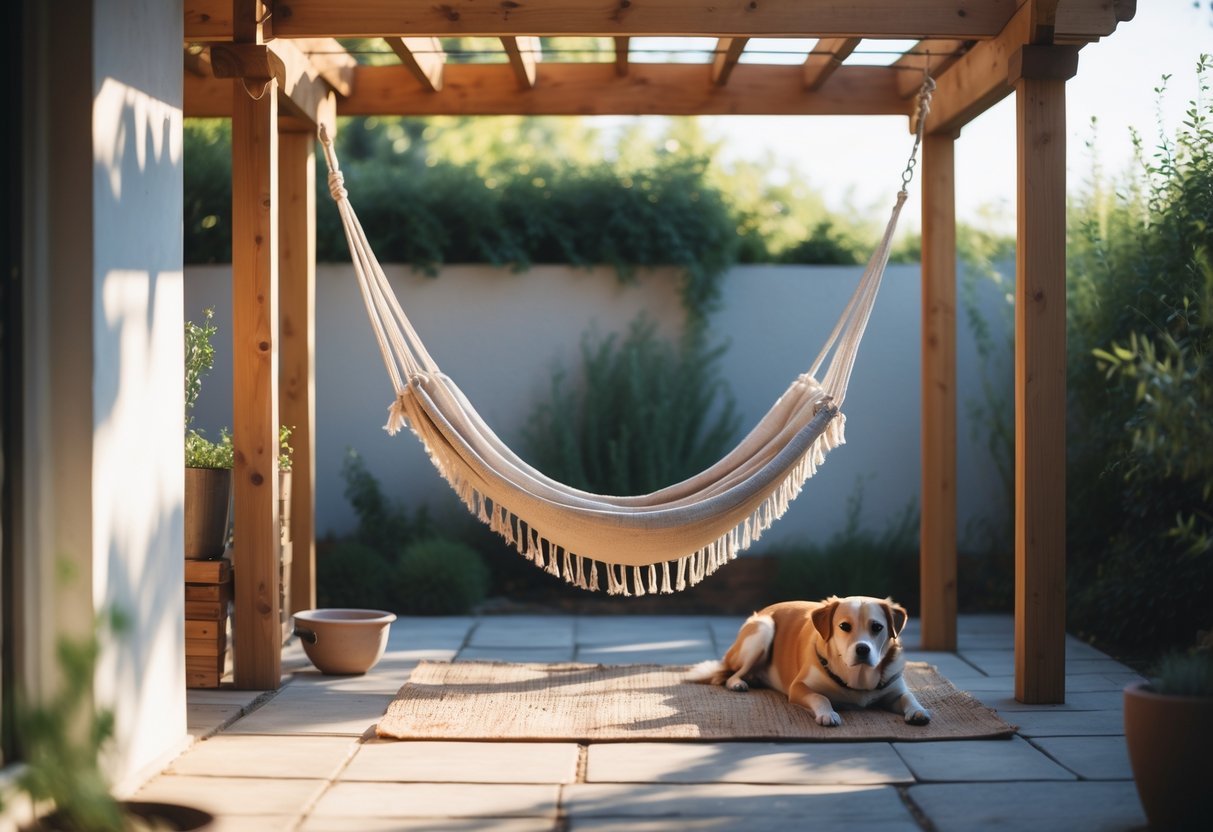 Hammock swing hanging from a wooden pergola on a patio with a dog lying nearby on a rug, surrounded by gardening tools and a water bowl.