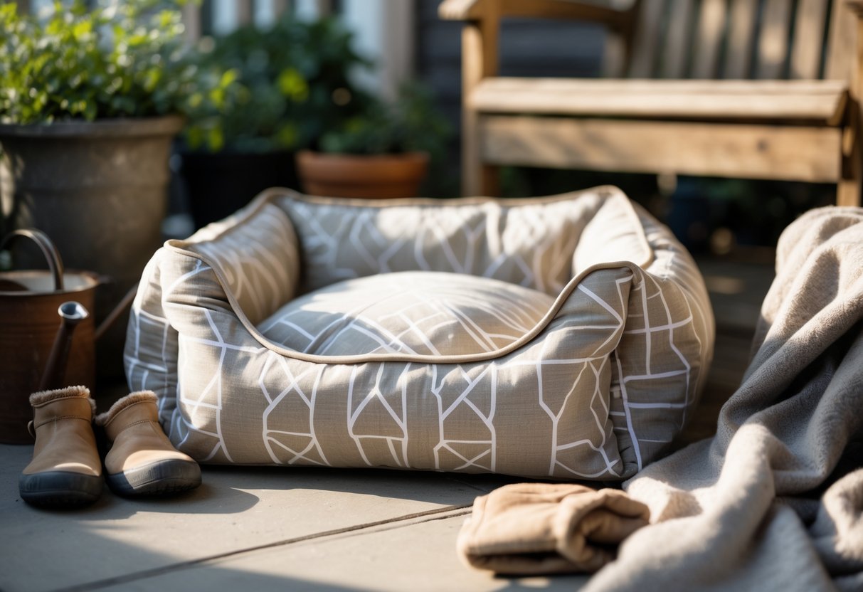A neutral-toned geometric dog bed on a patio surrounded by gardening gloves, a watering can, and a folded blanket.