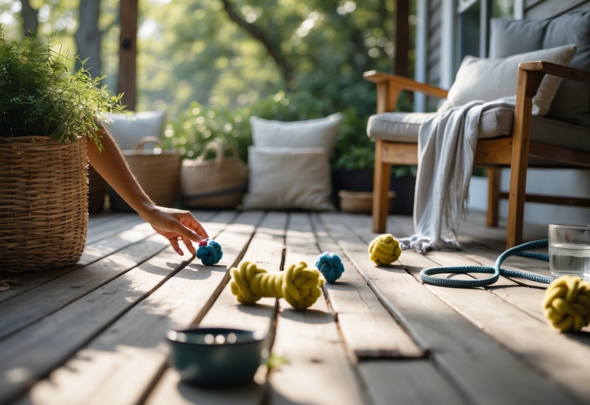 A cozy dog-friendly patio with chew-safe toys, a water bowl, and a person's hands reaching toward a toy on natural wood decking surrounded by plants.