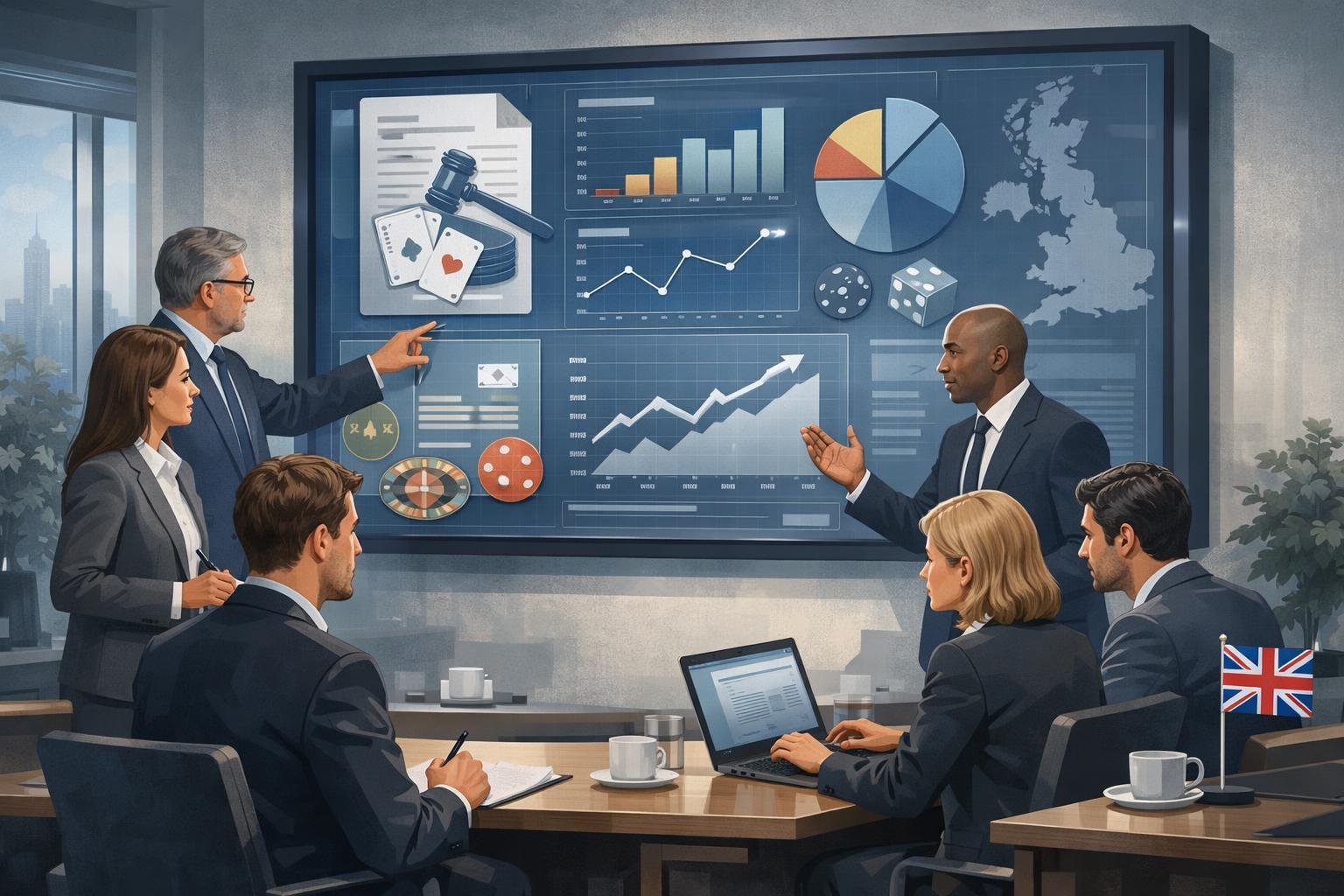 A Group Of Professionals In An Office Discussing Charts And Documents About Gambling Regulation Updates With A Digital Screen Showing Data And A Subtle Uk Symbol In The Background.