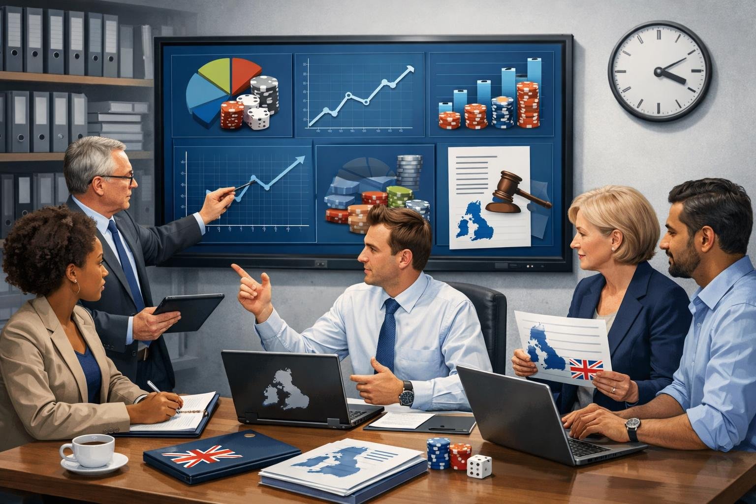 A Group Of Professionals In An Office Analyzing Data And Documents Related To Gambling Policy Review.