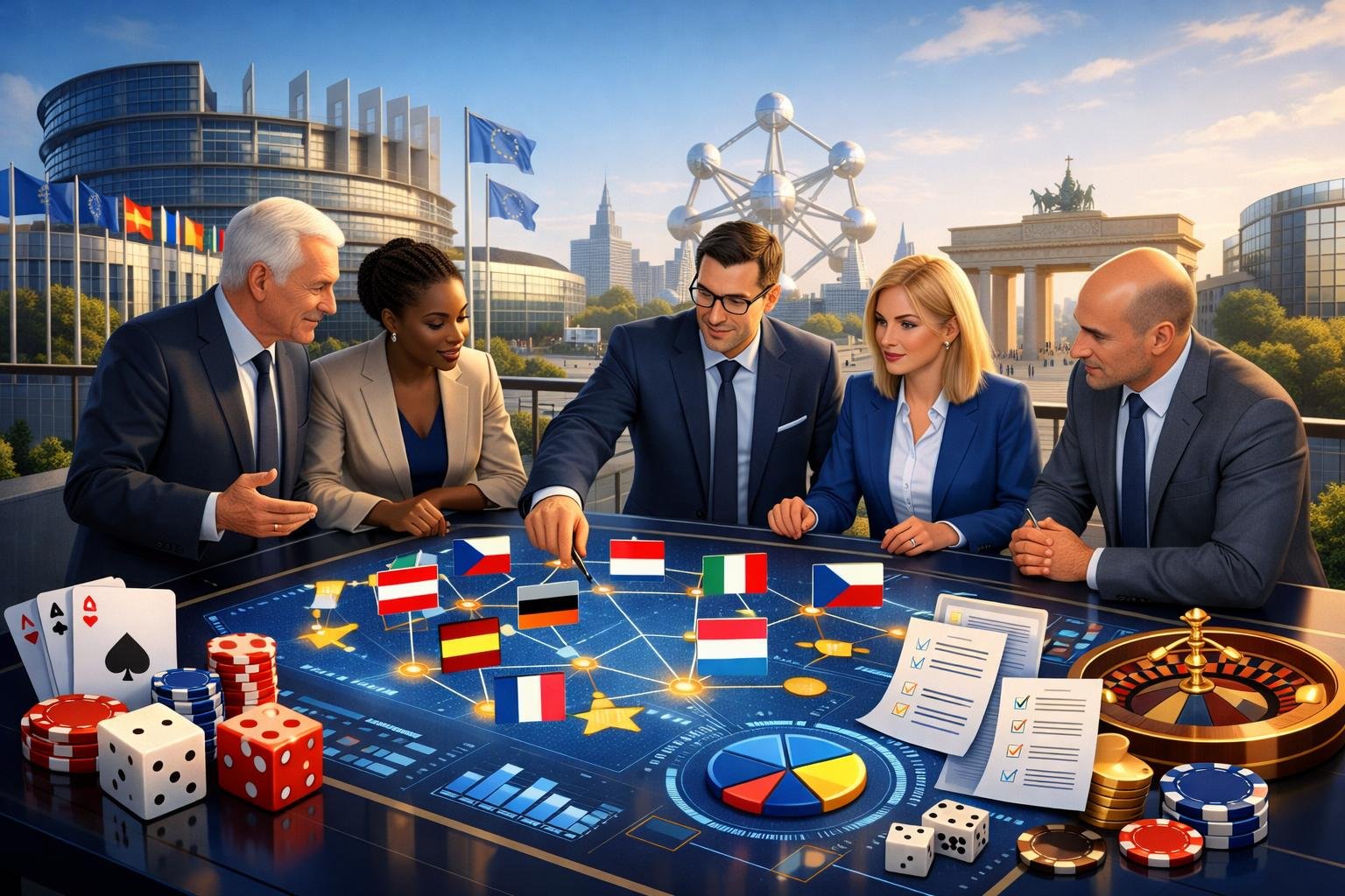 A Group Of Professionals Discussing Eu Gambling Regulations With A European City And Eu Landmarks In The Background, Surrounded By Symbols Of Gambling And Regulatory Charts.