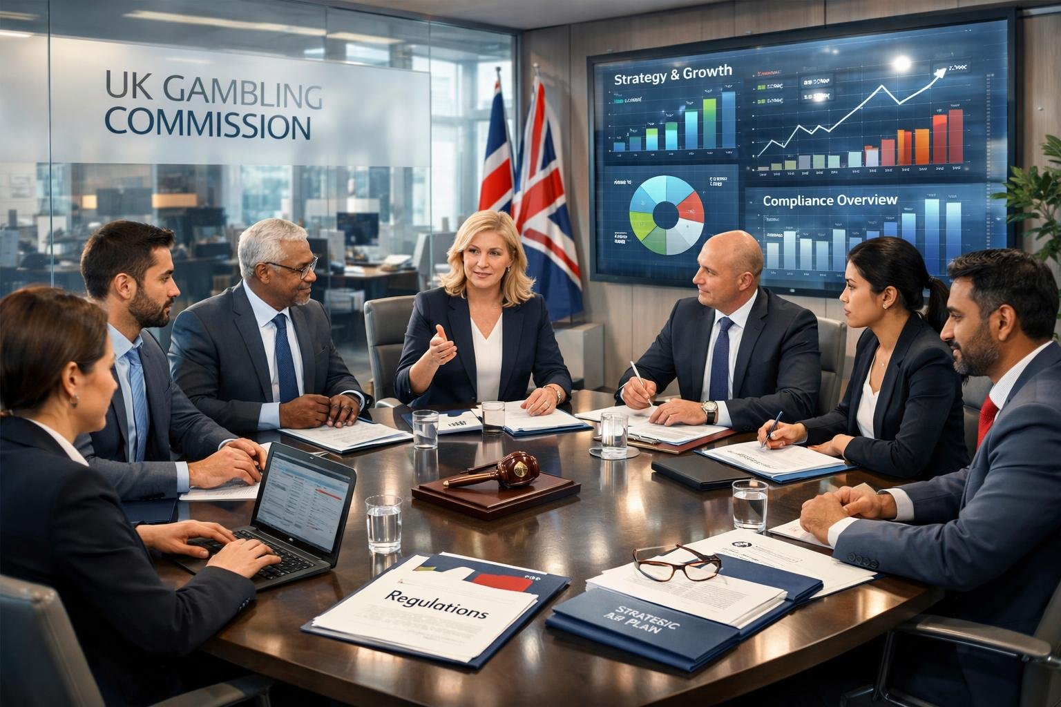 A Group Of Professionals Having A Meeting In A Modern Office With Digital Charts And British Flag Elements In The Background.