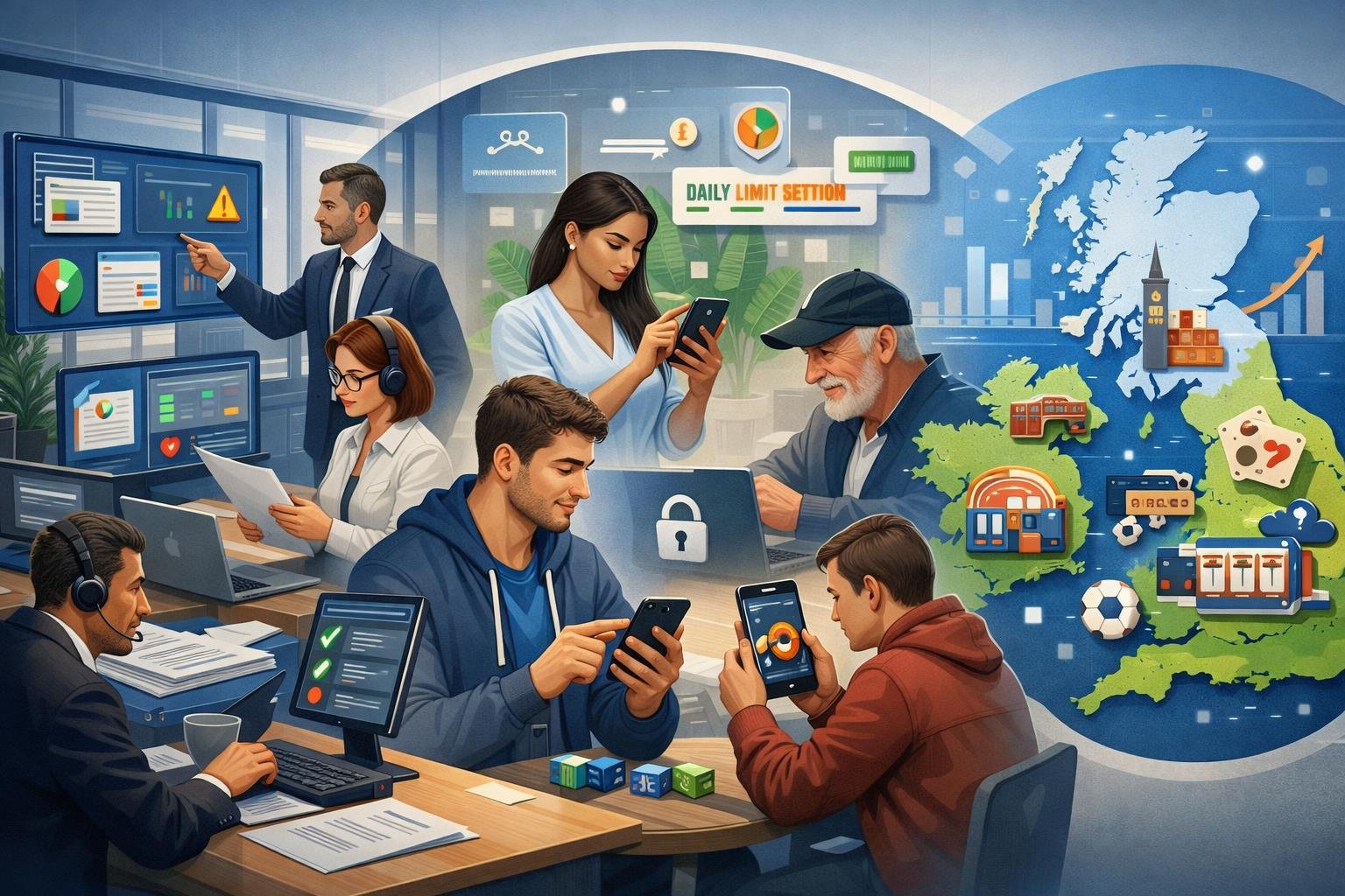 Illustration Showing Gambling Operators Working In An Office, Consumers Using Gambling Devices Responsibly, And A Uk Map With Gambling Industry Symbols Representing The Sector's Impact.