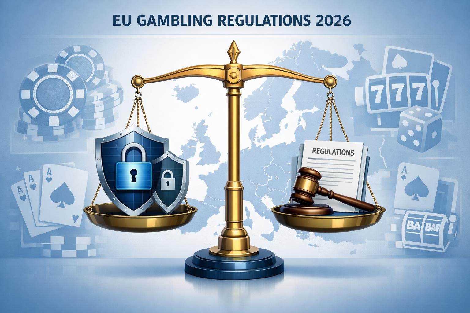 A Balanced Scale With Digital Shields On One Side And A Gavel And Documents On The Other, Set Against A Faint Map Of Europe With Gambling Icons Around It.