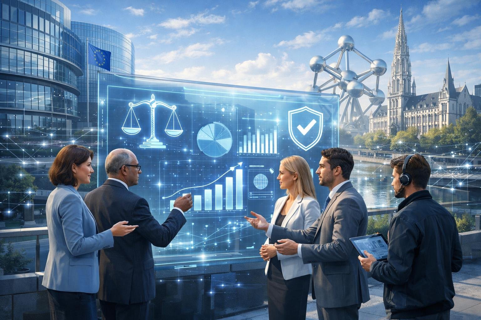 A Group Of Professionals Discussing Regulatory Data With Digital Charts And European Buildings In The Background, Symbolizing Changes In Eu Gambling Regulations.