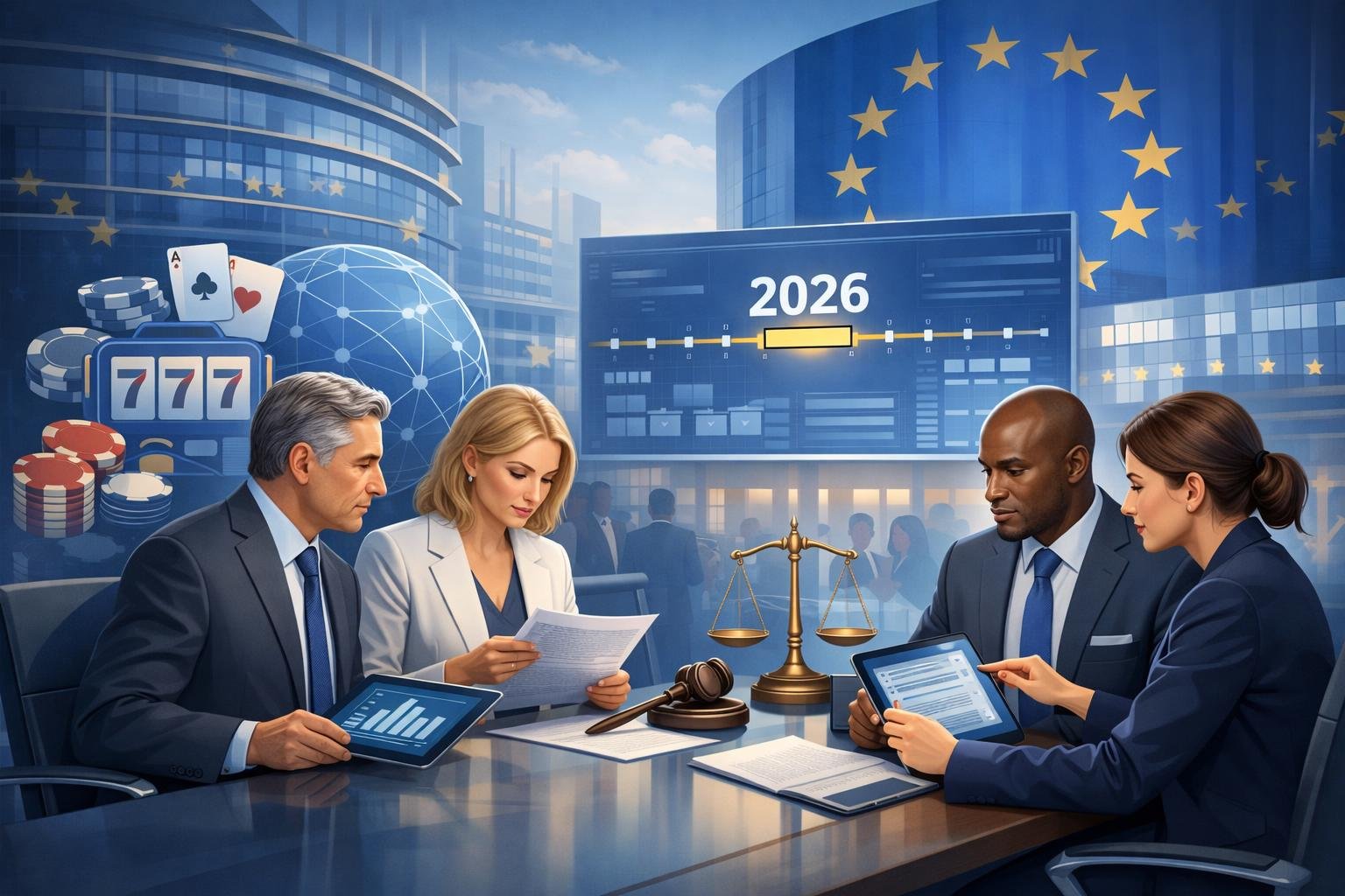 A Group Of Professionals Discussing Updated European Union Gambling Regulations In A Modern Office Setting With Eu Symbols And GamblingRelated Icons In The Background.