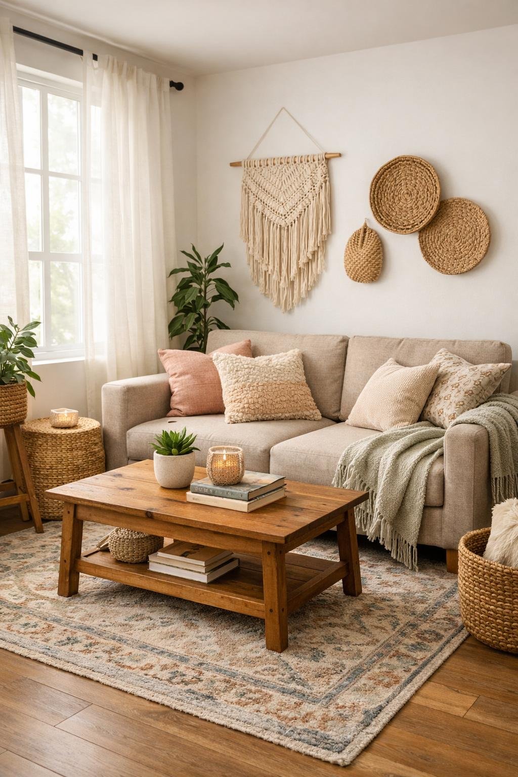A small living room with a sofa, coffee table, plants, and decorative wall hangings in a cozy, well-lit space.