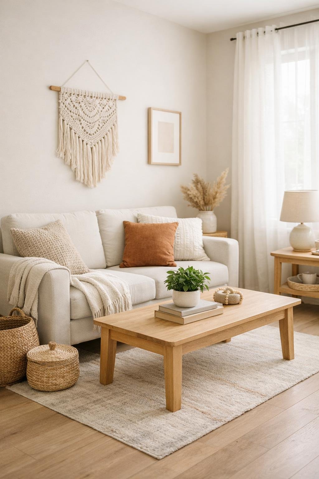 A small living room with a neutral color scheme, featuring a sofa, coffee table with a plant, and natural light coming through a window.