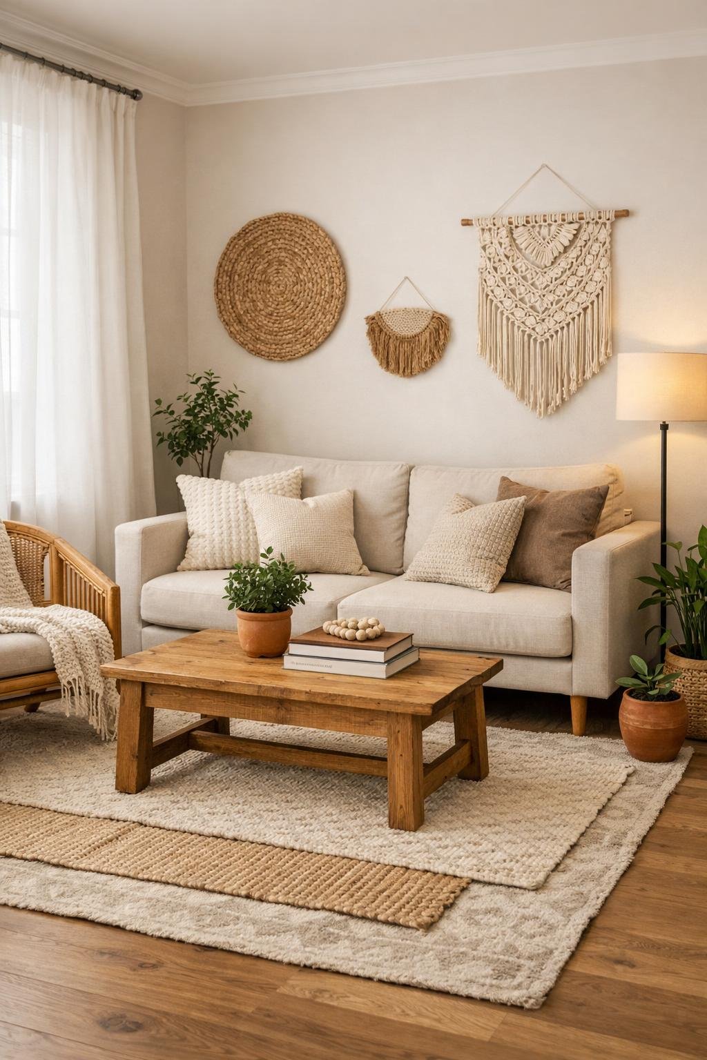 A small living room with a beige sofa, wooden coffee table, woven wall hangings, and plants, softly lit by natural light.