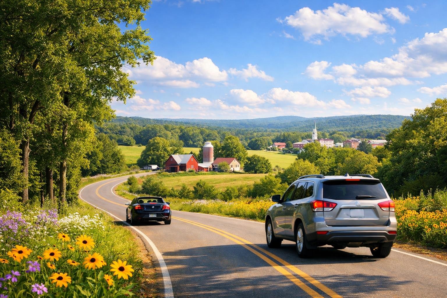 A car driving along a winding country road surrounded by green trees and wildflowers with hills and small town buildings in the background.