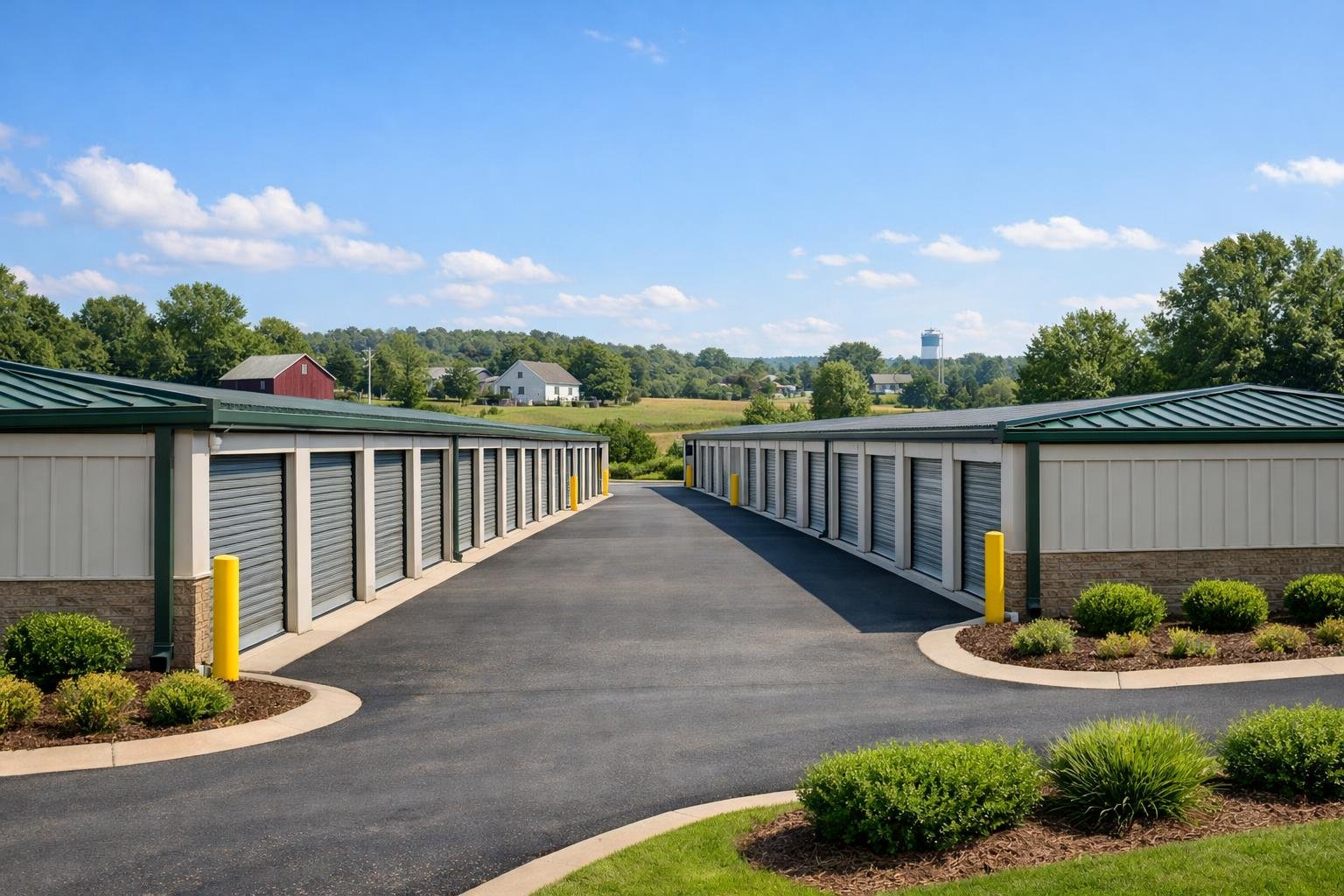 Rows of clean storage units with roll-up doors in a sunny outdoor setting with green landscaping and a small town visible in the background.