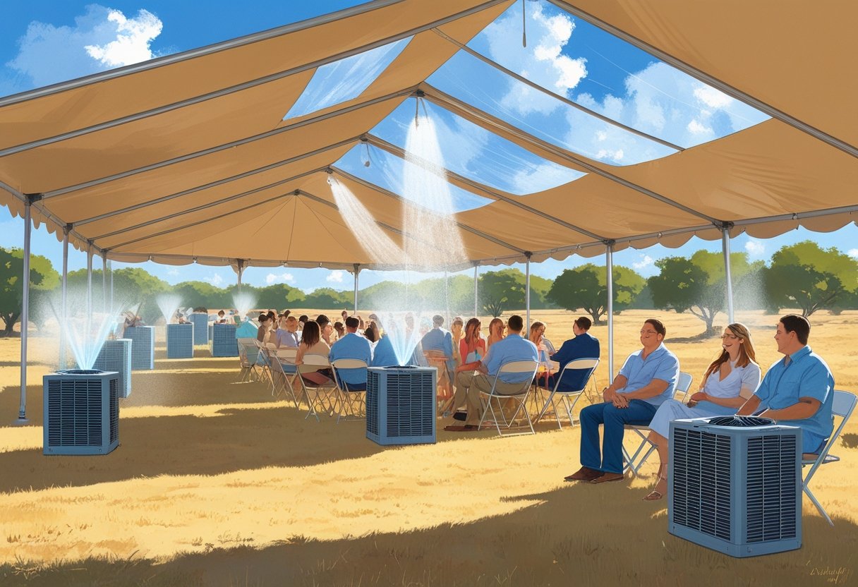 Guests sitting comfortably under a large outdoor tent using fans and misting devices to stay cool on a sunny summer day.
