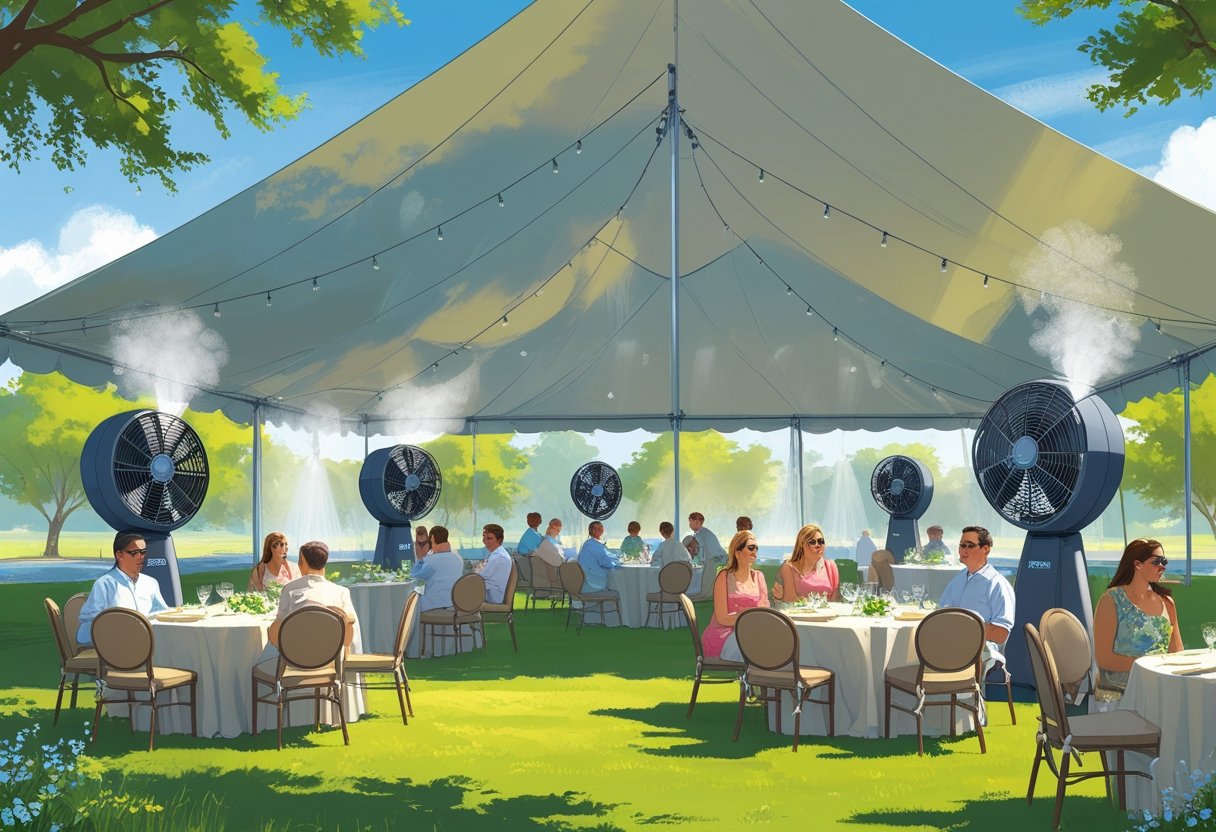 Guests sitting comfortably under a large outdoor tent with fans and misting devices keeping the area cool on a sunny summer day.