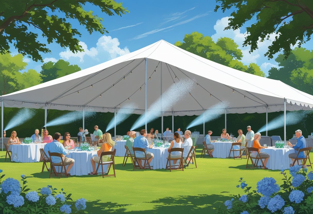 Outdoor summer event under a large white tent with guests seated at tables, fans and misting systems keeping the area cool on a sunny day.