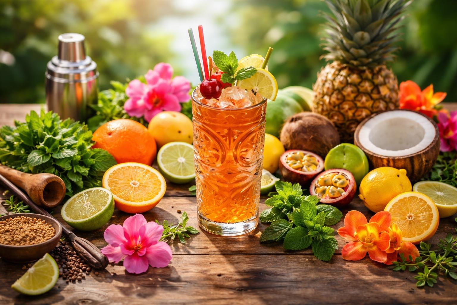 A wooden table with fresh citrus fruits, herbs, tropical flowers, exotic fruits, and a colorful tiki cocktail glass.
