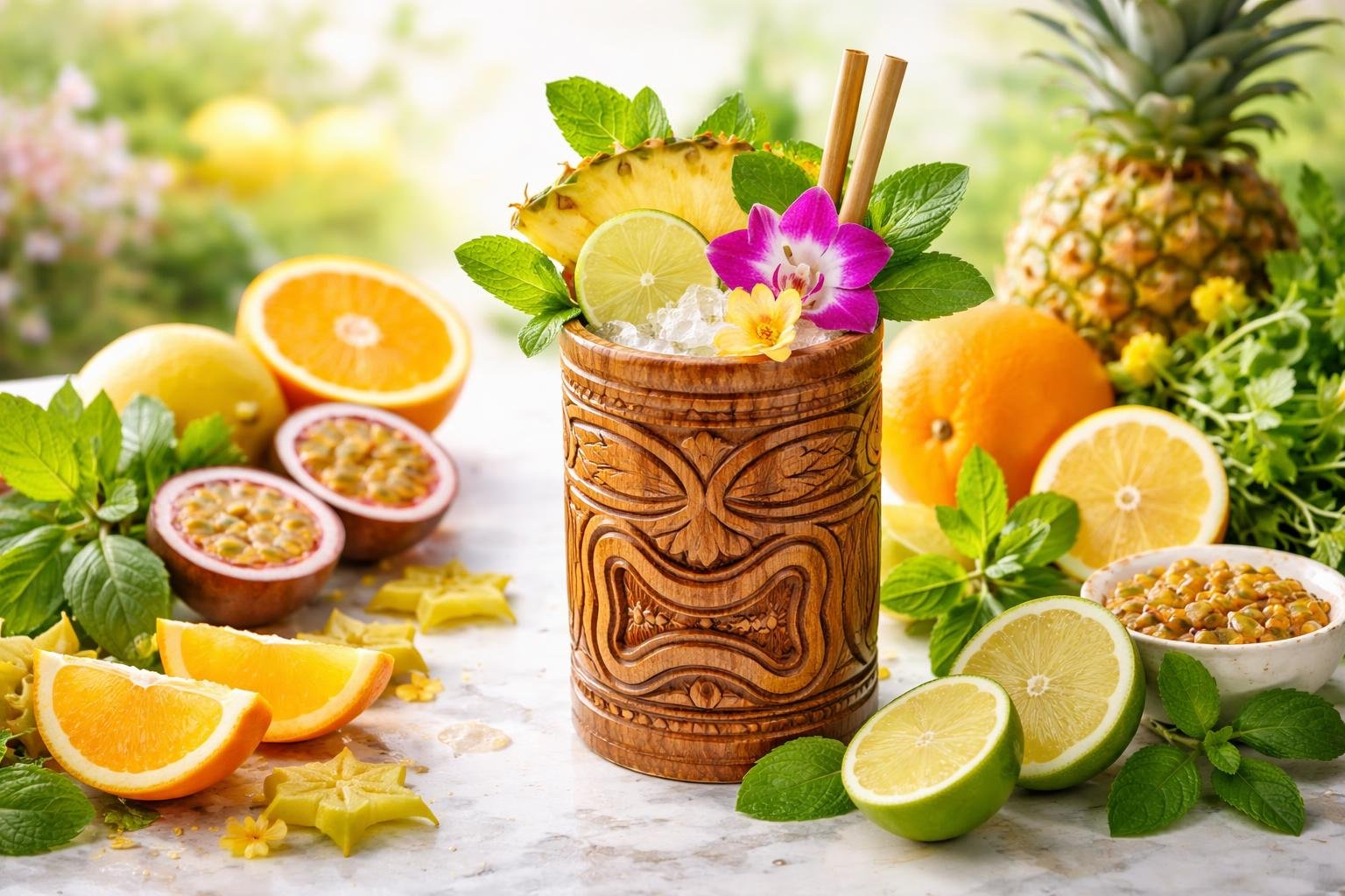 A tiki cocktail garnished with fresh tropical fruits and herbs surrounded by fresh citrus fruits and spring herbs on a wooden surface.