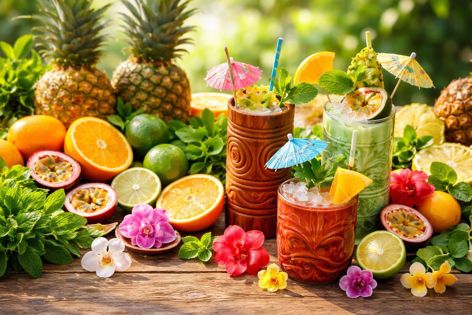 A wooden table with fresh tropical fruits, mint leaves, edible flowers, and tiki-style cocktail glasses arranged together.